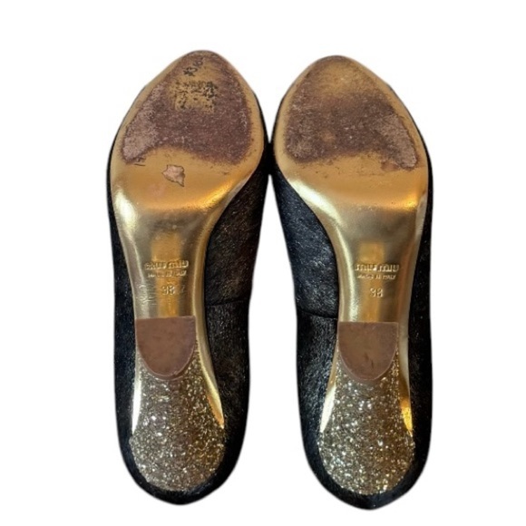 Miu Miu Calzature Donna Lame Pumps Black Gold Glitter Calf hair Heels Size 38 - Picture 7 of 10